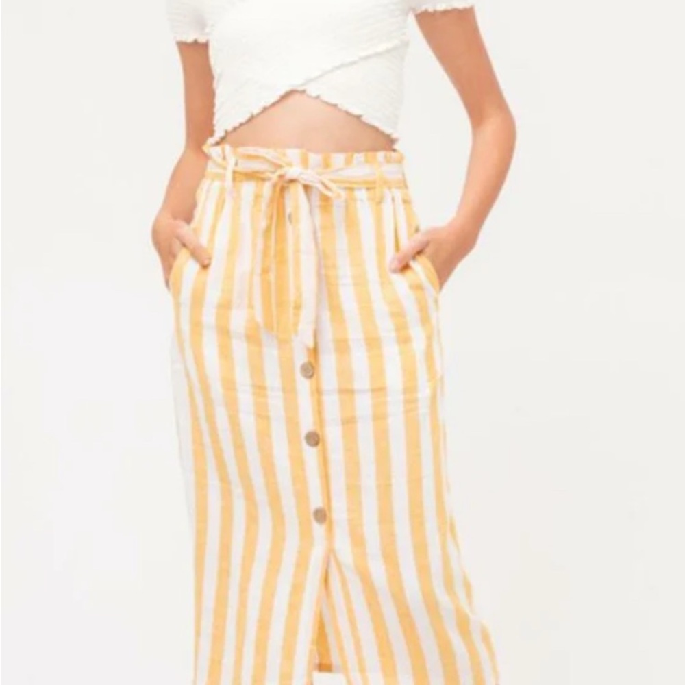 Love Tree Womens Yellow Stripe Midi Skirt Sz S Linen Paper Bag
Waist Boho Beach